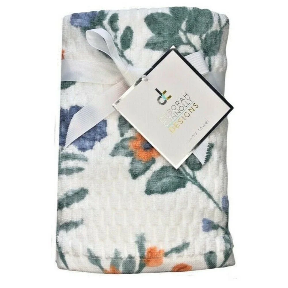 Deborah Connolly Hand Towels Set of 2 Bathroom Spring Summer Flowers Ferns White